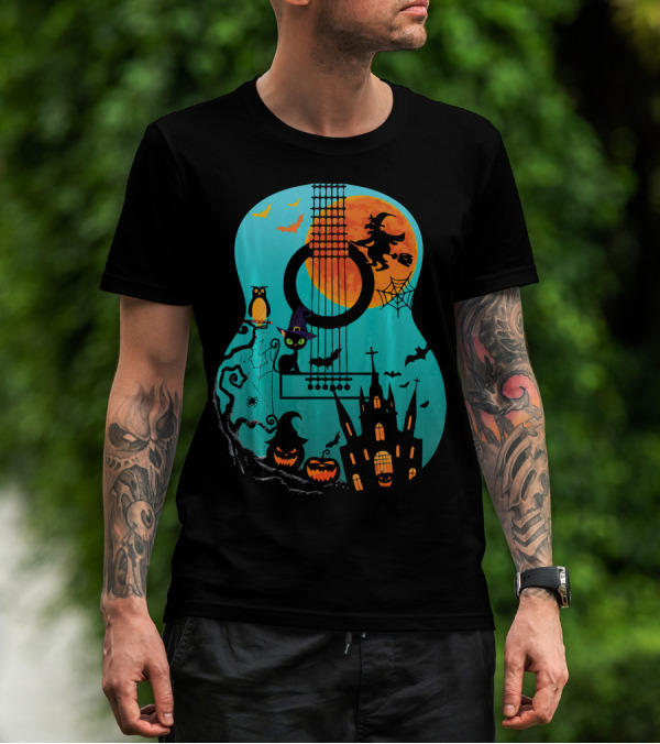 Guitar Lover Scary Halloween Pumpkin Music Witch Castle Cat Owl Bats Moon T-Shirt