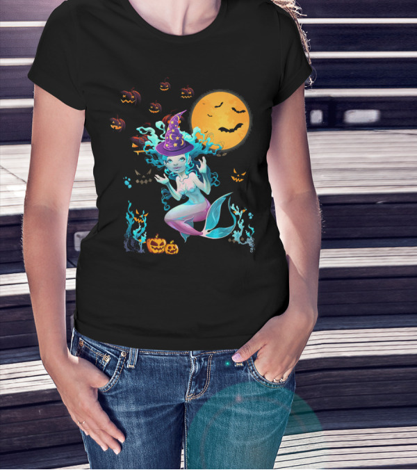 Halloween Mermaid Witch With Pumpkin Lanterns And Moon T-Shirt