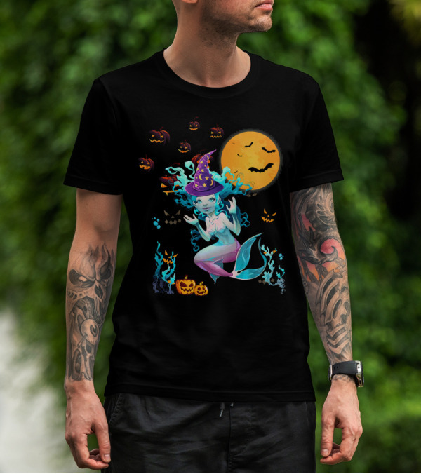 Halloween Mermaid Witch With Pumpkin Lanterns And Moon T-Shirt