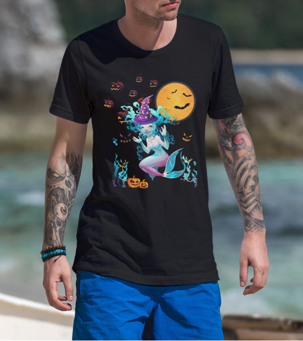 Halloween Mermaid Witch With Pumpkin Lanterns And Moon T-Shirt