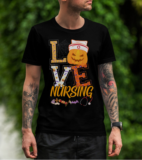 LOVE Nursing Pumpkin Halloween Nurse Stethoscope Spider Web Bat Candy T-Shirt