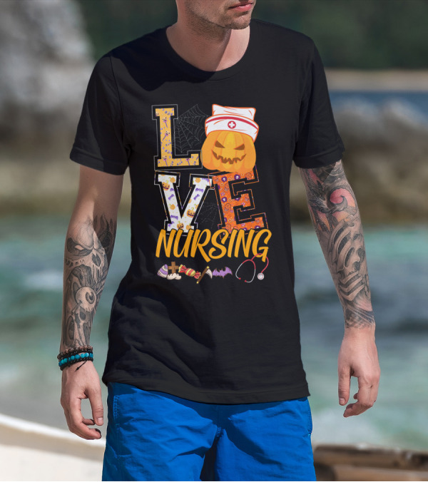 LOVE Nursing Pumpkin Halloween Nurse Stethoscope Spider Web Bat Candy T-Shirt