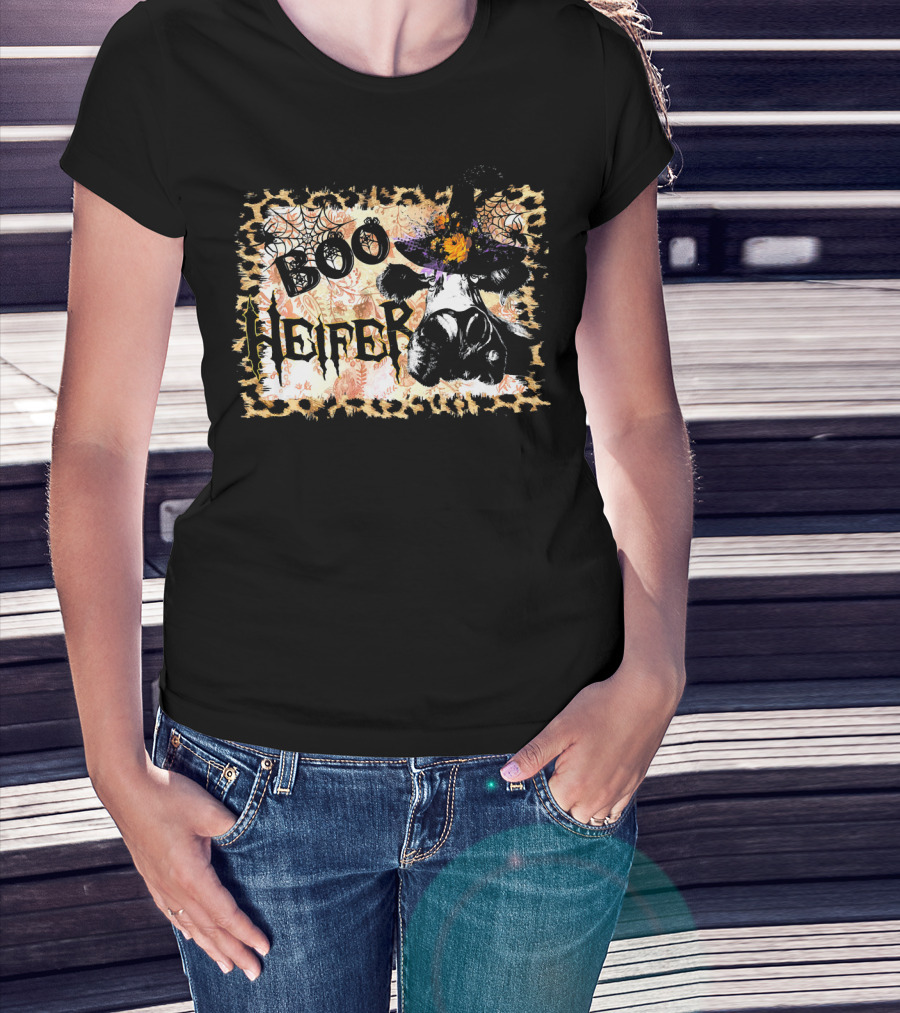 Boo Heifer Halloween Witch Hat Cow With Spider Webs T-Shirt