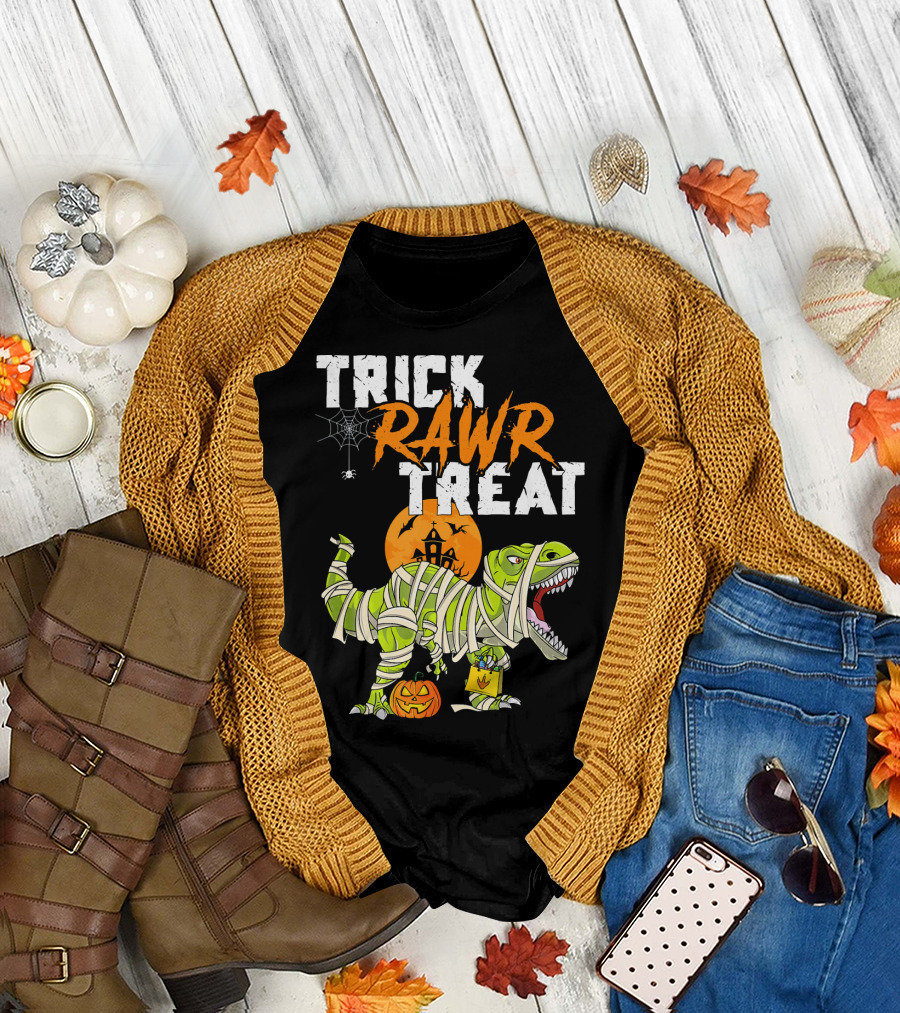 Trick Rawr Treat Dinosaur Mummy Halloween Rex Jack-O'-Lantern T-Shirt