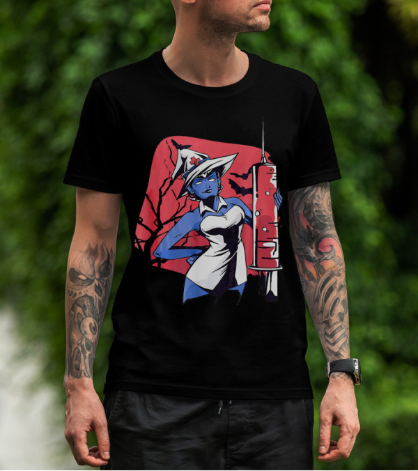 Halloween Witch Nurse Holding Syringe With Witch Hat And Bats T-Shirt