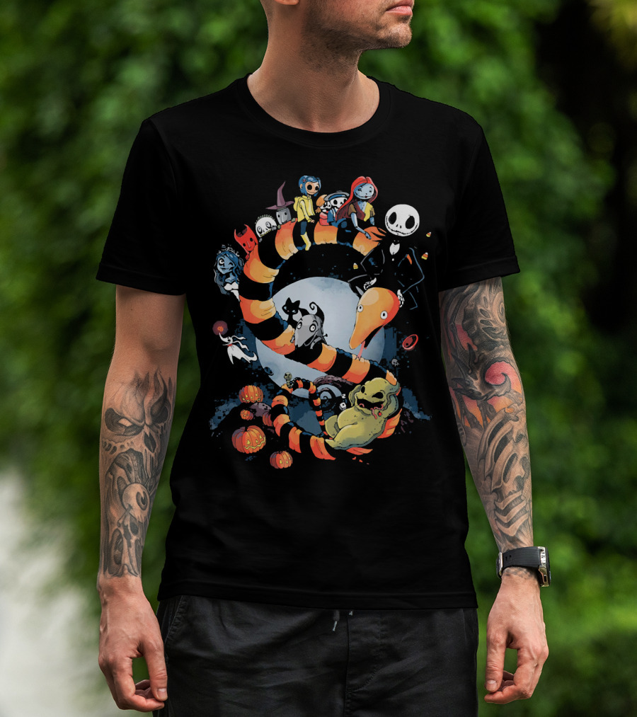 Nightmare Before Christmas Characters Riding Sandworm In Moonlit Halloween Scene T-Shirt