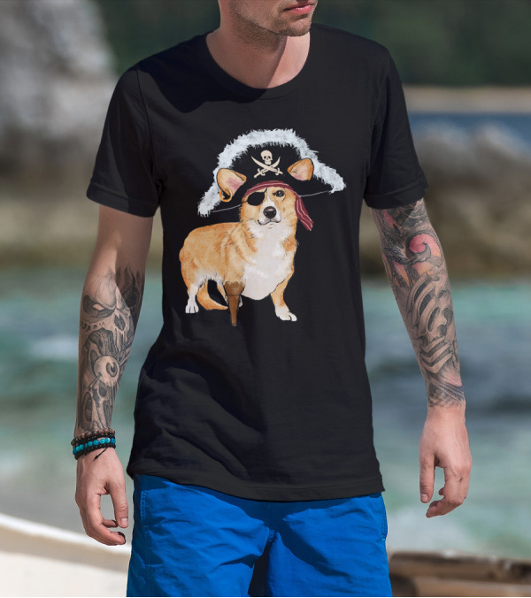 Funny Pirate Corgi Halloween Dog Lovers Skull Eyepatch Hat T-Shirt