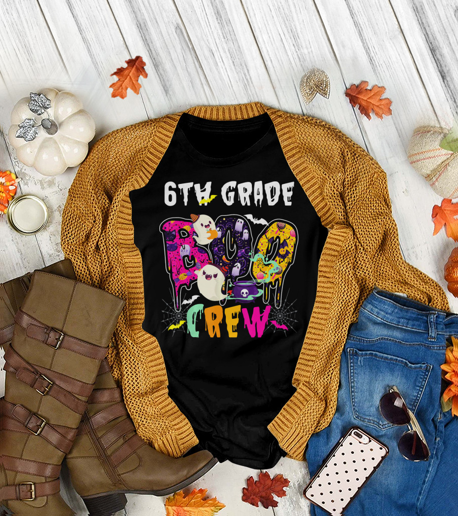6th Grade Boo Crew Halloween Funny Costume Ghosts Bats Cauldron Spiders T-Shirt
