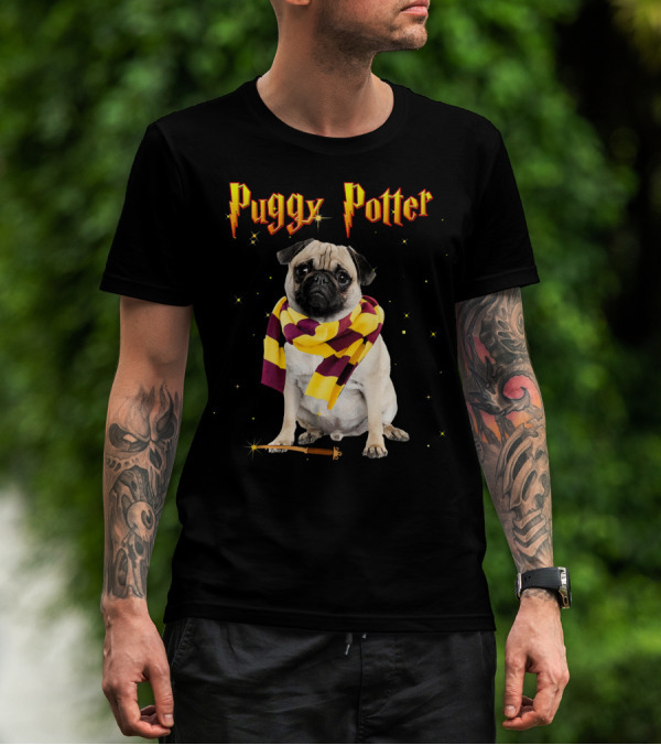 Puggy Potter Magic Wizard Pug With Scarf And Wand T-Shirt