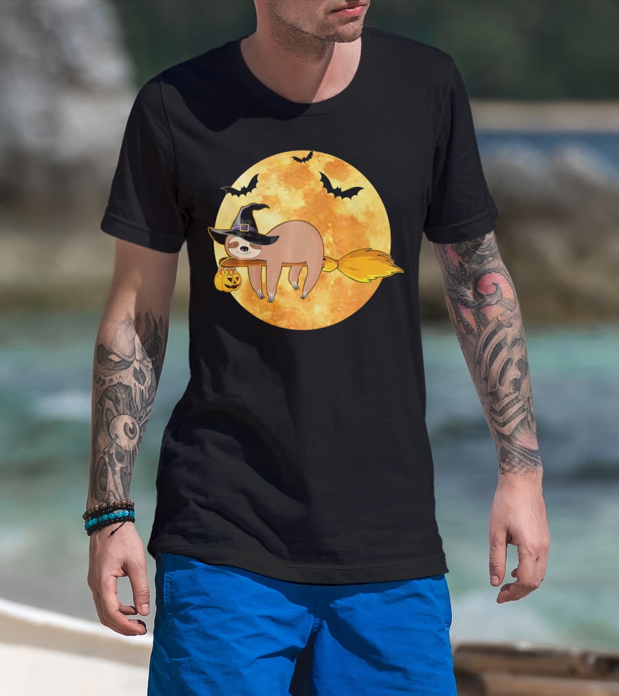 Lazy Sloth Riding Witches Broom With Pumpkin And Full Moon Background T-Shirt