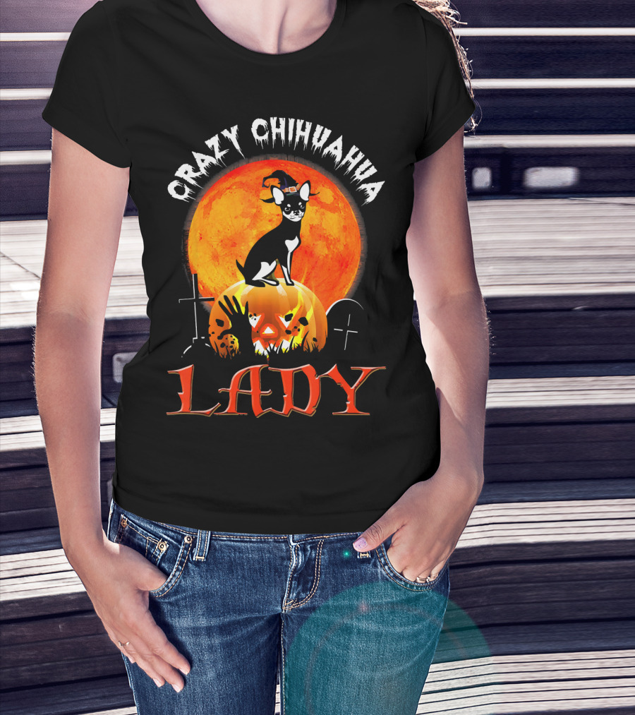 Crazy Chihuahua Lady Halloween Pumpkin Moon T-Shirt