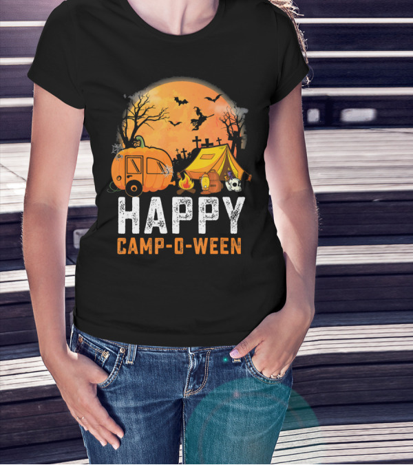 Funny Happy Camp O Ween Camping Halloween Scene With Pumpkin Caravan And Tent T-Shirt