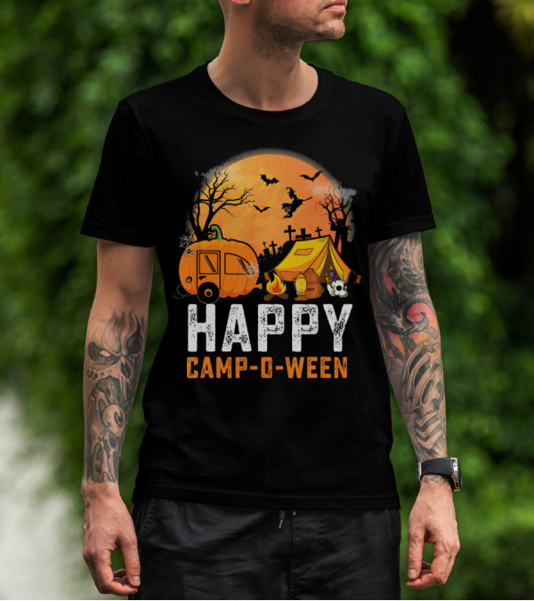 Funny Happy Camp O Ween Camping Halloween Scene With Pumpkin Caravan And Tent T-Shirt