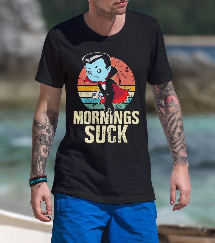 Mornings Suck Cute Funny Vampire With I Hate Mornings Coffee Cup T-Shirt