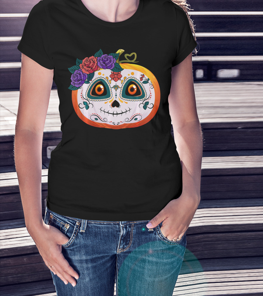 Pumpkin Floral Sugar Skull Jack O Lantern With Flowers T-Shirt