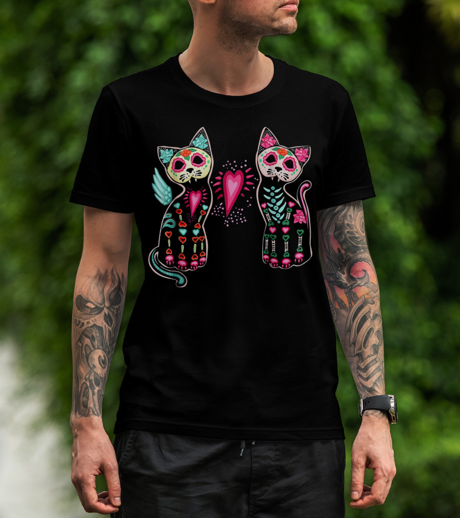 Day Of Dead Sugar Cats Skeleton Skull Winged Heart T-Shirt