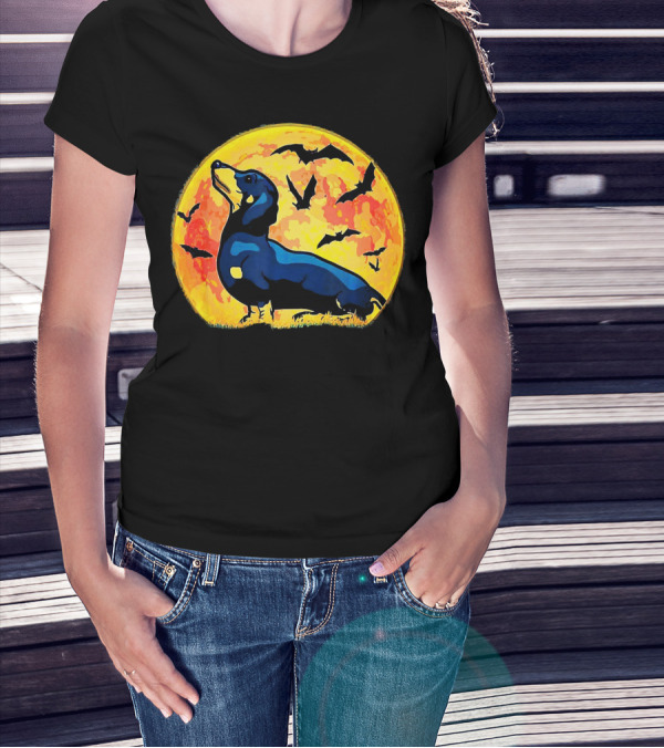 Dachshund Halloween Moon With Flying Bats T-Shirt