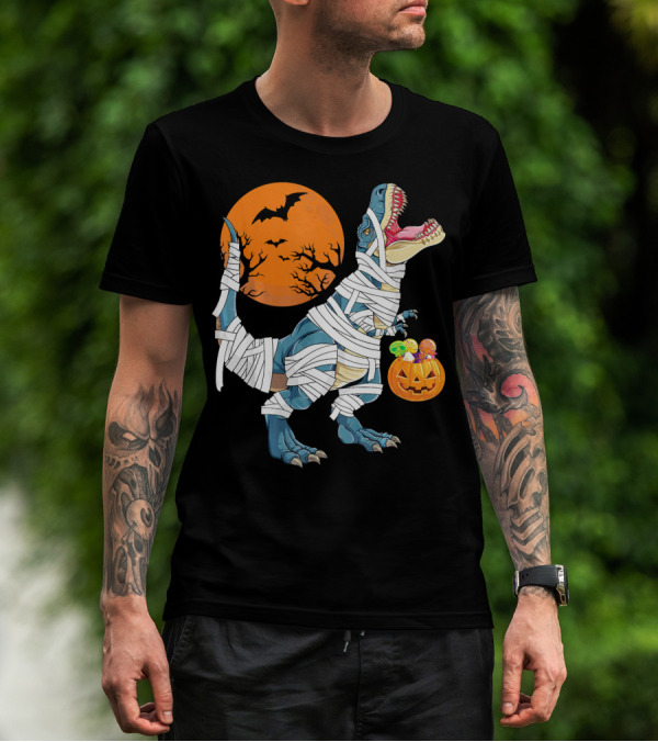 Halloween Dino Girls Kids Mummy Dinosaur Bats Pumpkin Moon T-Shirt