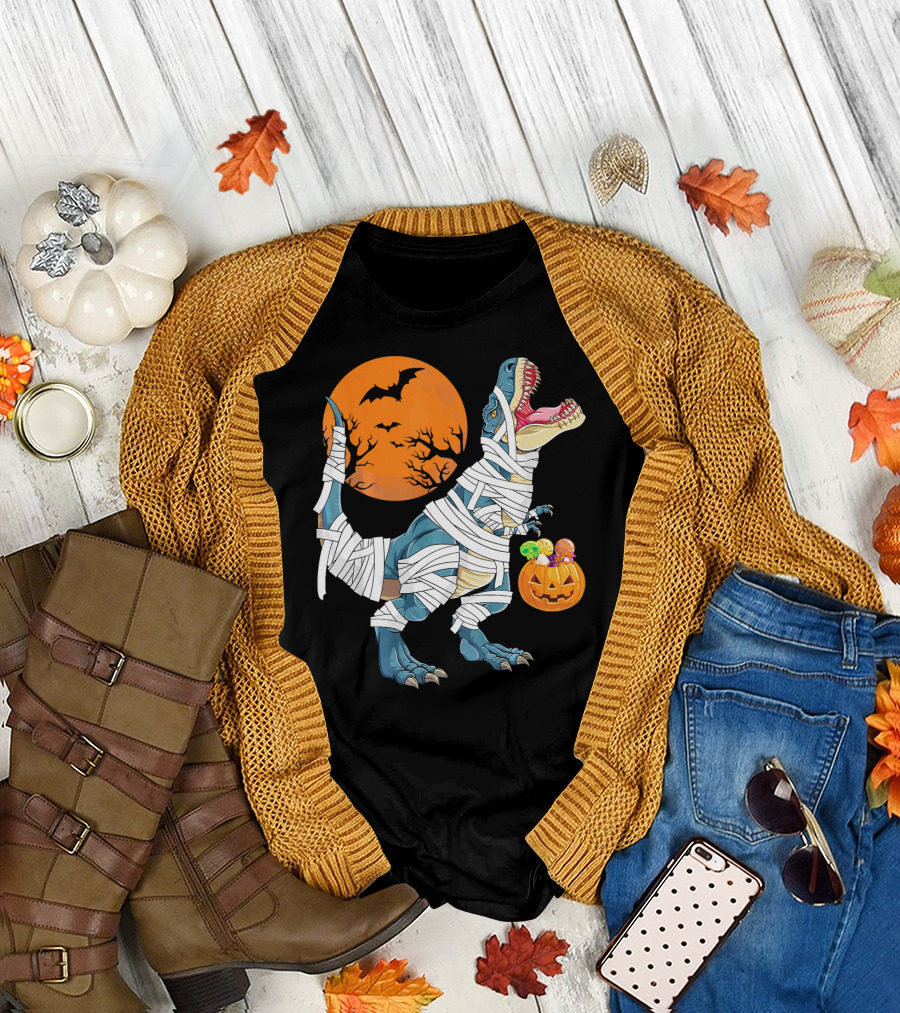Halloween Dino Girls Kids Mummy Dinosaur Bats Pumpkin Moon T-Shirt