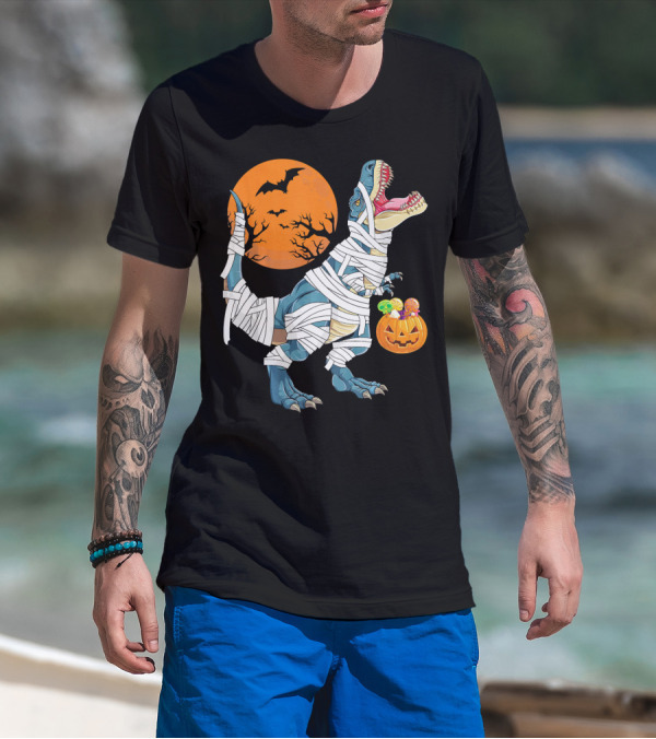 Halloween Dino Girls Kids Mummy Dinosaur Bats Pumpkin Moon T-Shirt