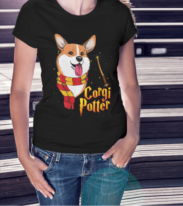 Corgi Potter Cute Harry Pawter Dog With Scarf And Wand T-Shirt