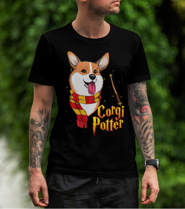 Corgi Potter Cute Harry Pawter Dog With Scarf And Wand T-Shirt