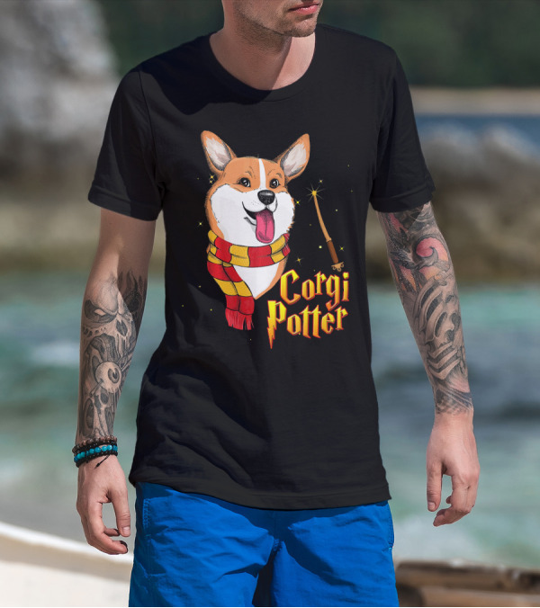 Corgi Potter Cute Harry Pawter Dog With Scarf And Wand T-Shirt