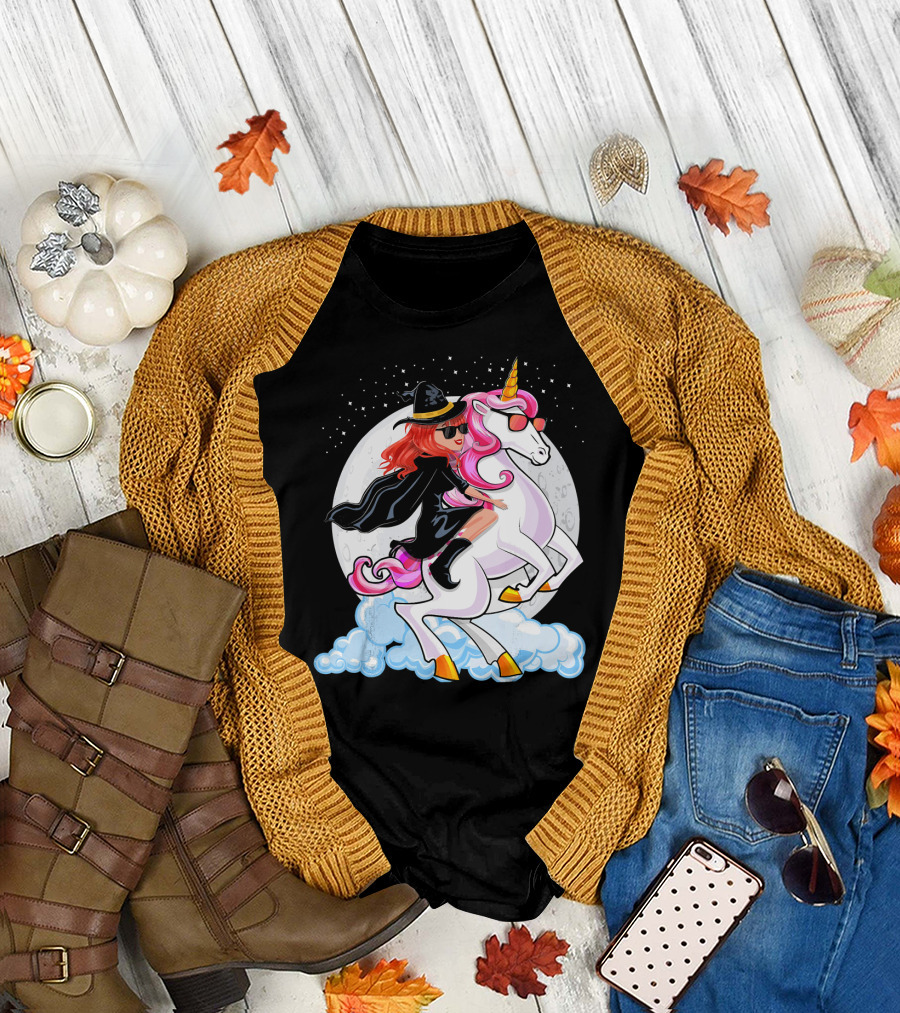 Halloween Witch Riding a Unicorn in Front of Full Moon T-Shirt