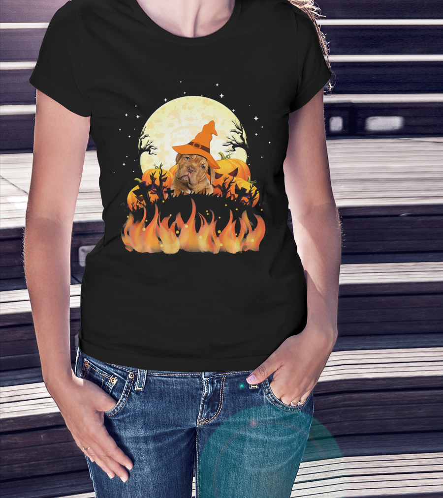 Dogue De Bordeaux Dog Lovers Halloween Full Moon Witch Hat Pumpkin Fire Scene T-Shirt