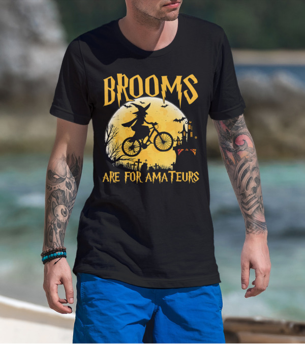 Brooms Are For Amateurs Witch Flying Bike Silhouette Halloween Moon Graveyard T-Shirt