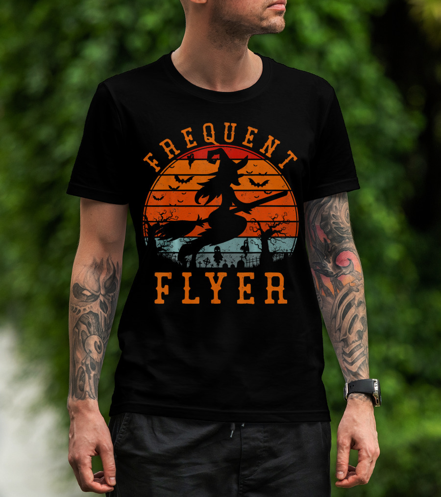 Frequent Flyer Witch Silhouette Halloween Bats And Graveyard Scene T-Shirt