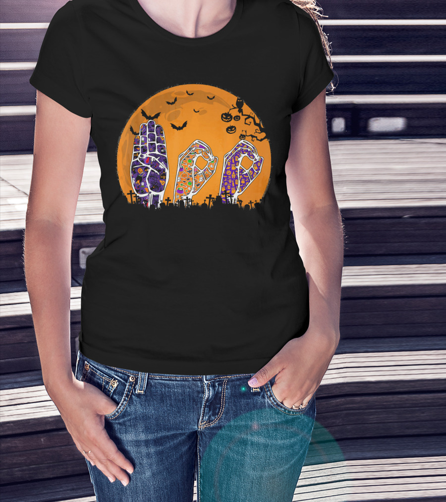 Pride ASL Boo Halloween Sign Language Moon Bats Jack-O'-Lanterns T-Shirt