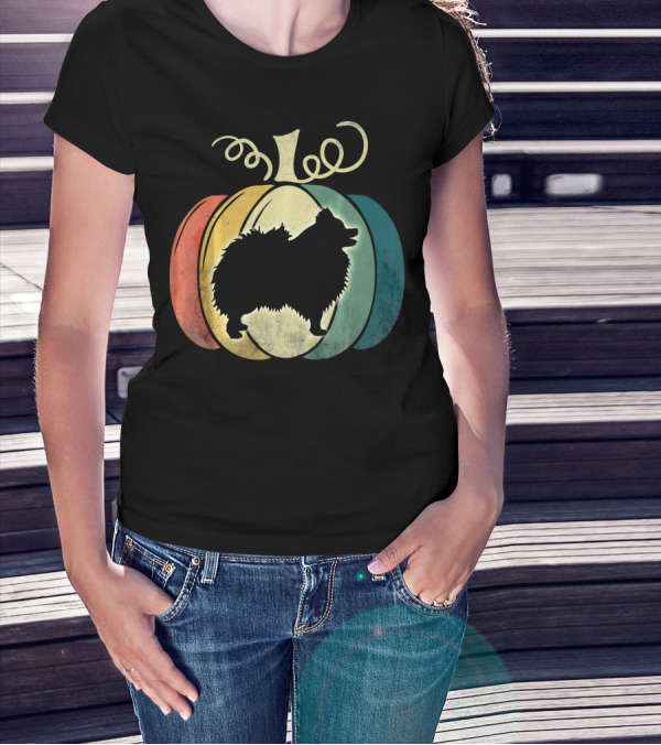 Pomeranian Dog Silhouette Vintage Pumpkin Halloween T-Shirt