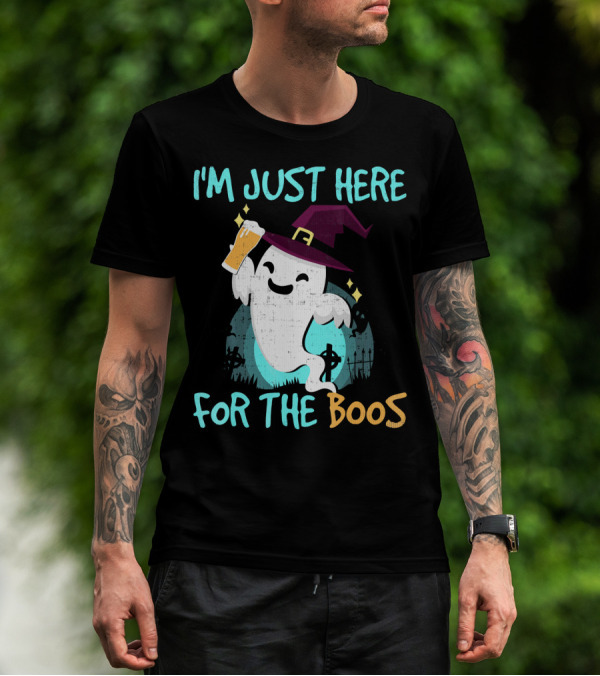 I'm Just Here For The Boos Ghost With Witch Hat And Beer T-Shirt