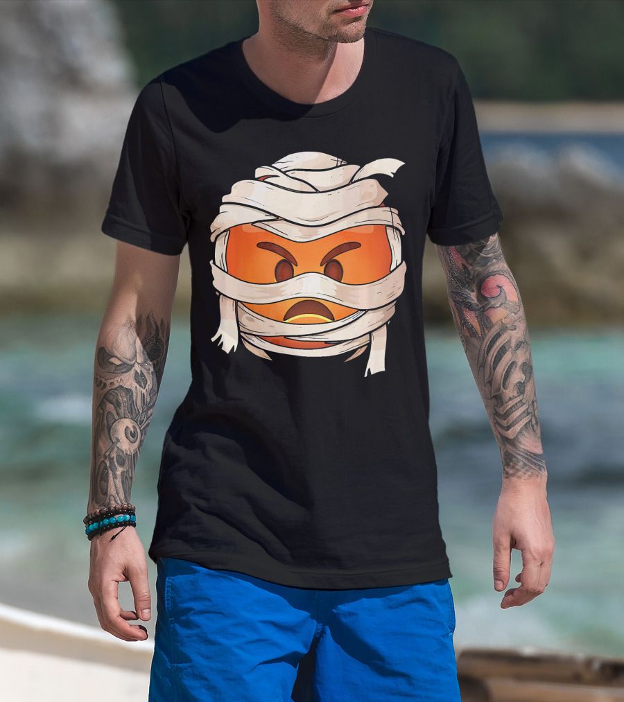 Pouting Face Mummy Emoji Halloween Wrapped In Bandages T-Shirt