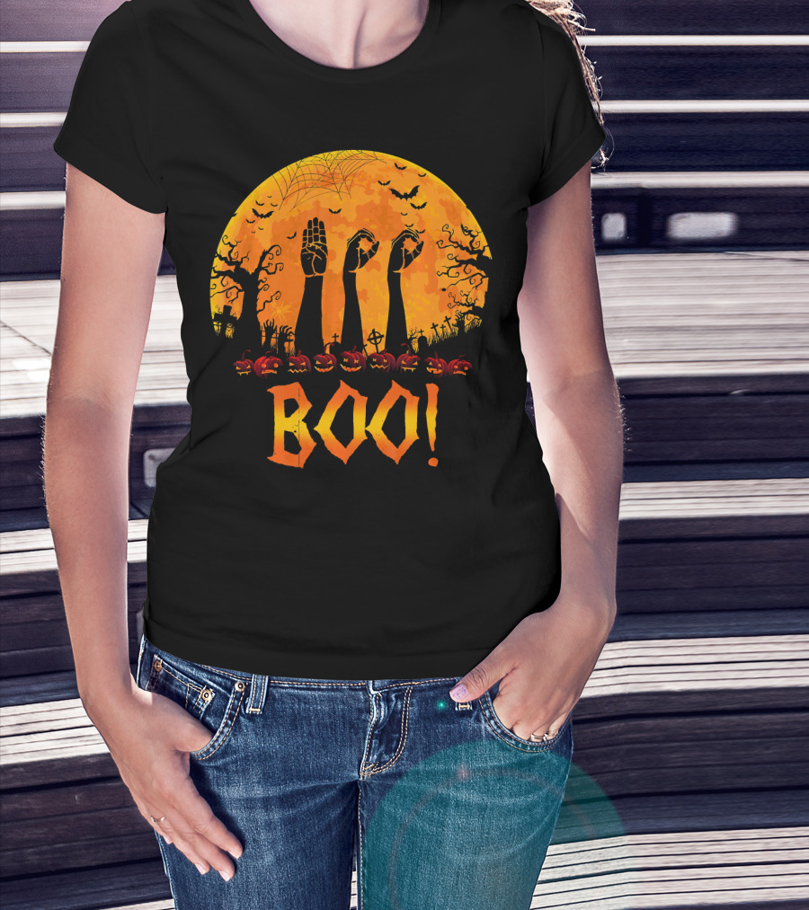 BOO ASL Sign Language With Zombie Hands And Spooky Halloween Moon T-Shirt