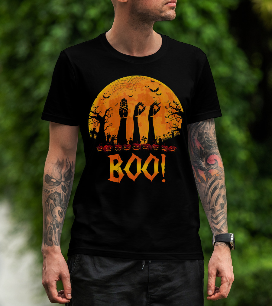 BOO ASL Sign Language With Zombie Hands And Spooky Halloween Moon T-Shirt