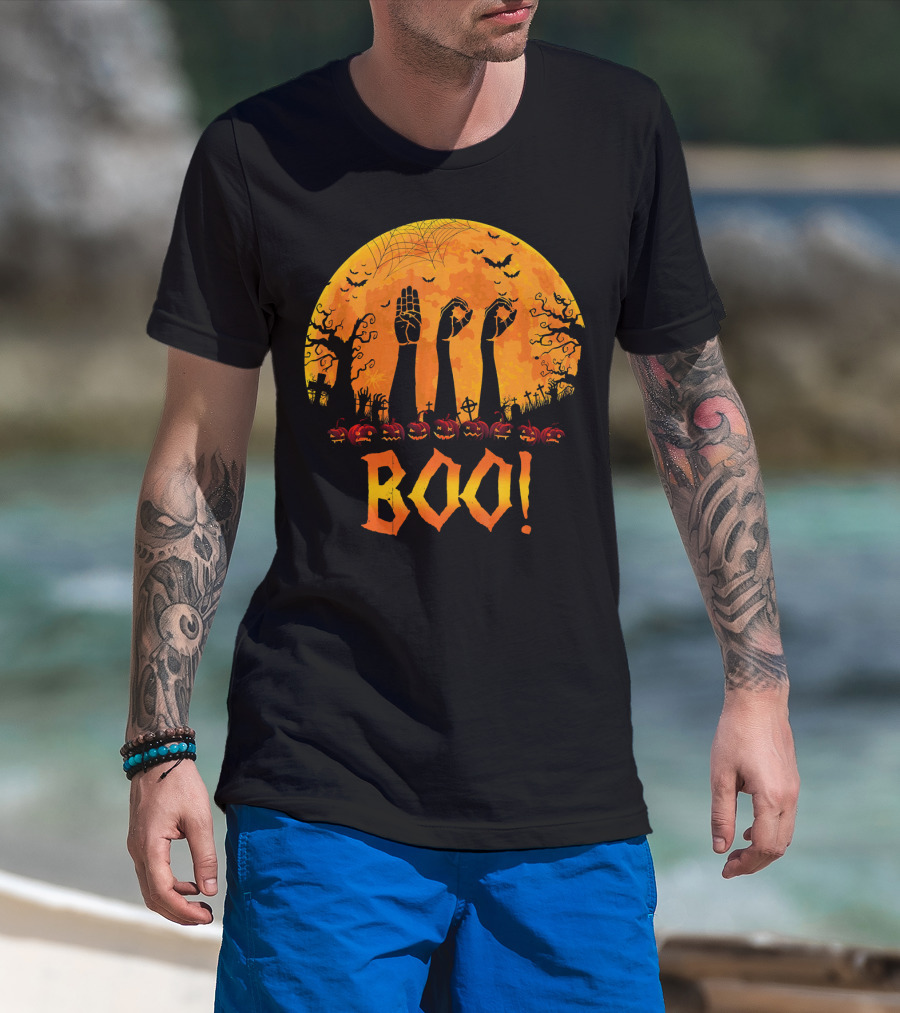 BOO ASL Sign Language With Zombie Hands And Spooky Halloween Moon T-Shirt