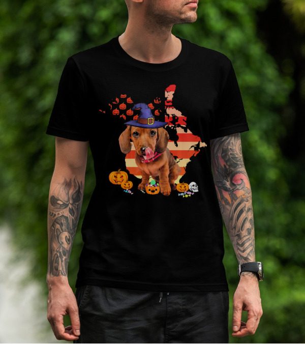 Halloween Witch Hat Daschund Dog With Pumpkin And Candy Canada Map T-Shirt
