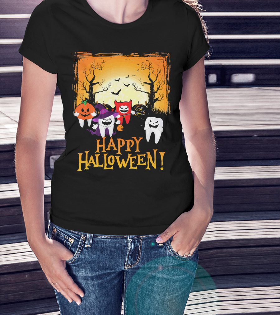 Happy Halloween Funny Teeth And Pumpkins T-Shirt