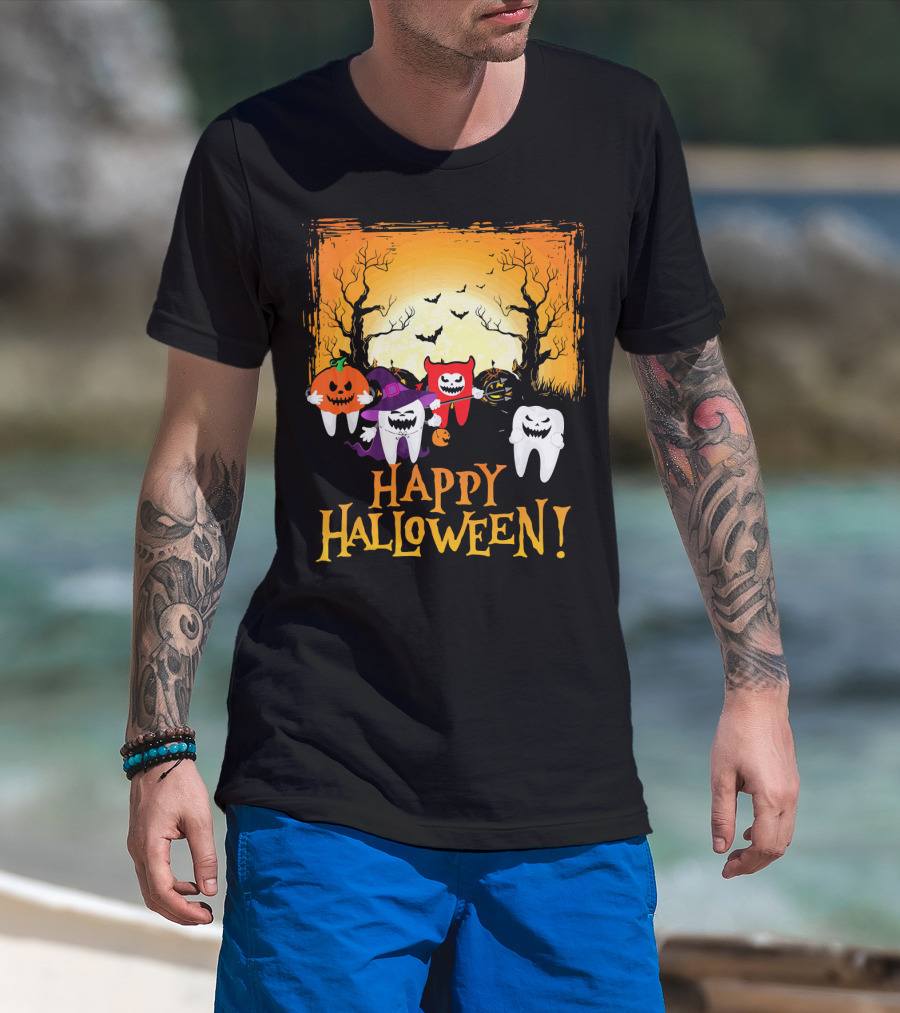 Happy Halloween Funny Teeth And Pumpkins T-Shirt