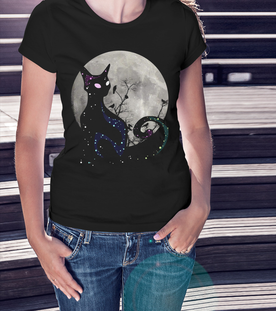 Halloween Cat Scary Black Cat Gothic Full Moon Night Sky T-Shirt