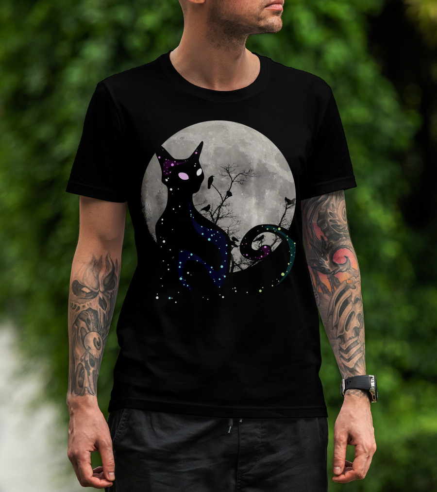 Halloween Cat Scary Black Cat Gothic Full Moon Night Sky T-Shirt