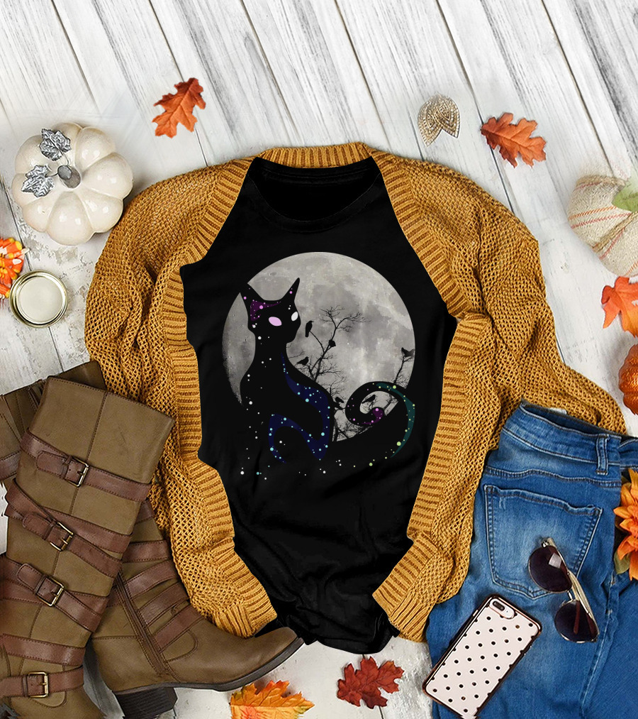 Halloween Cat Scary Black Cat Gothic Full Moon Night Sky T-Shirt
