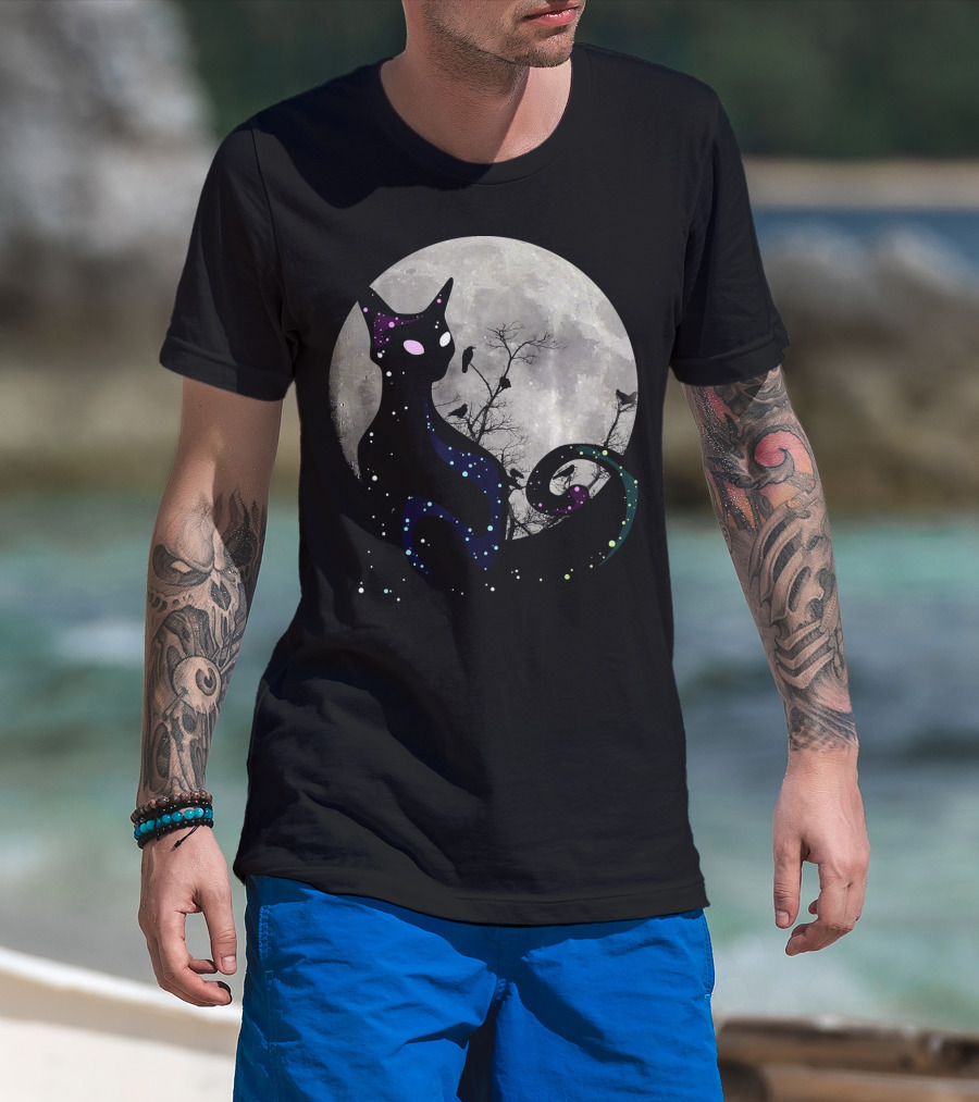 Halloween Cat Scary Black Cat Gothic Full Moon Night Sky T-Shirt