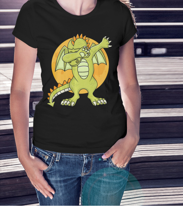 Halloween Dabbing Dragon With Orange Moon Background T-Shirt