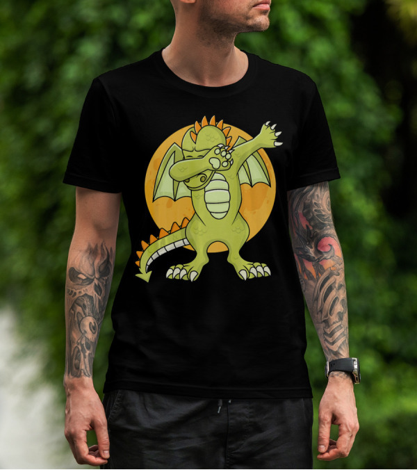 Halloween Dabbing Dragon With Orange Moon Background T-Shirt