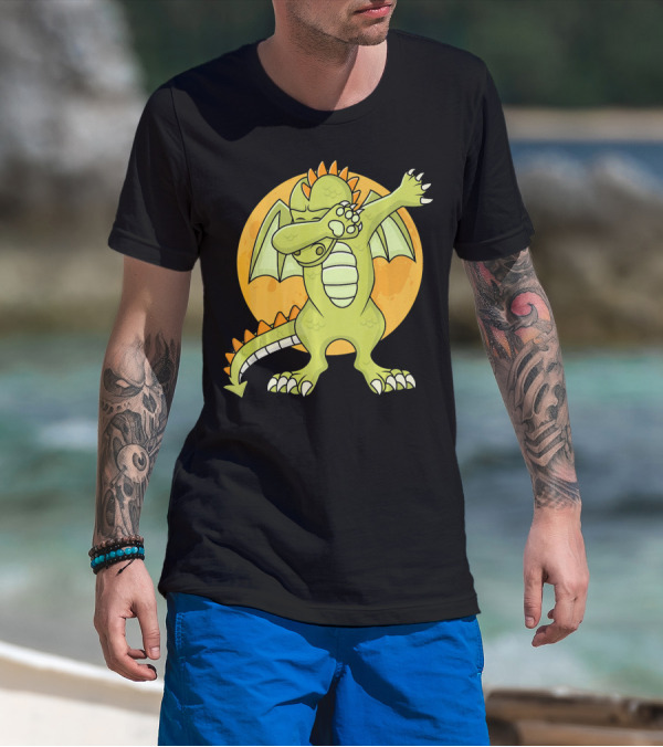 Halloween Dabbing Dragon With Orange Moon Background T-Shirt