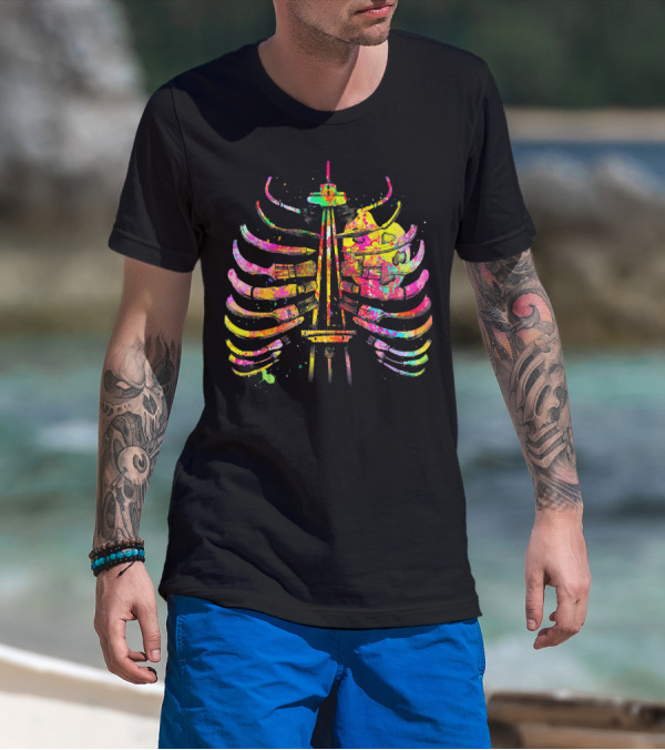Colorful Seattle Space Needle Skeleton Ribcage Halloween T-Shirt