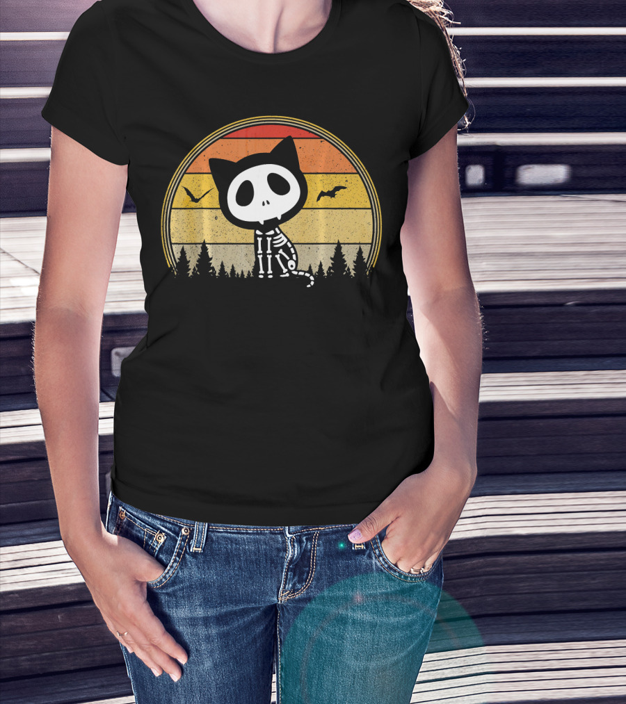 Cat Skeleton Spooky Vampire Halloween Vintage Sunset Forest Bats T-Shirt